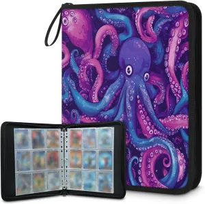 Fish Octopus Trading Card Binder 4 Pocket 400 Cards Holder Collector Album with 50 Removable Sleeves Toys Gifts for Boys Girls Pink Blue Tentacle Game Sports Cards
