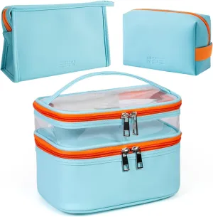 FITINI 3 Pieces Makeup Bags Double Layer Travel Large Cosmetic Cases Organizer Toiletry Bags Waterproof Small Zipper Pouch for Women Makeup Brush Storage Bag,Light Blue