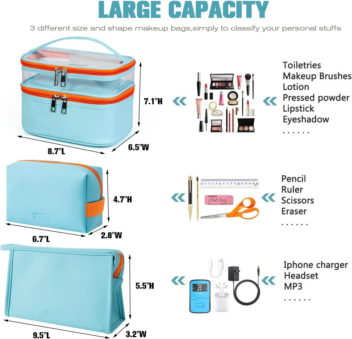 FITINI 3 Pieces Makeup Bags Double Layer Travel Large Cosmetic Cases Organizer Toiletry Bags Waterproof Small Zipper Pouch for Women Makeup Brush Storage Bag,Light Blue