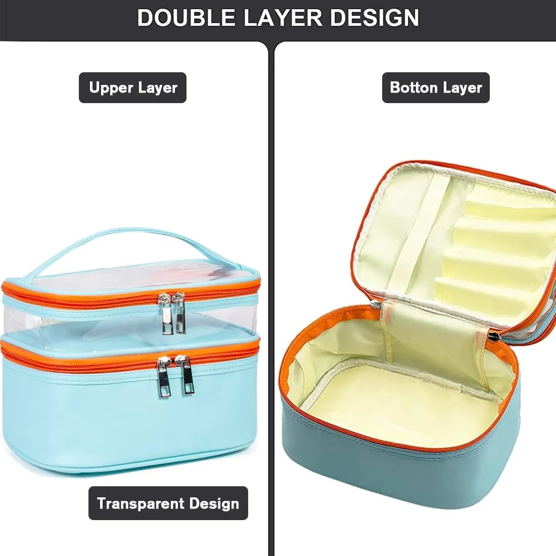 FITINI 3 Pieces Makeup Bags Double Layer Travel Large Cosmetic Cases Organizer Toiletry Bags Waterproof Small Zipper Pouch for Women Makeup Brush Storage Bag,Light Blue
