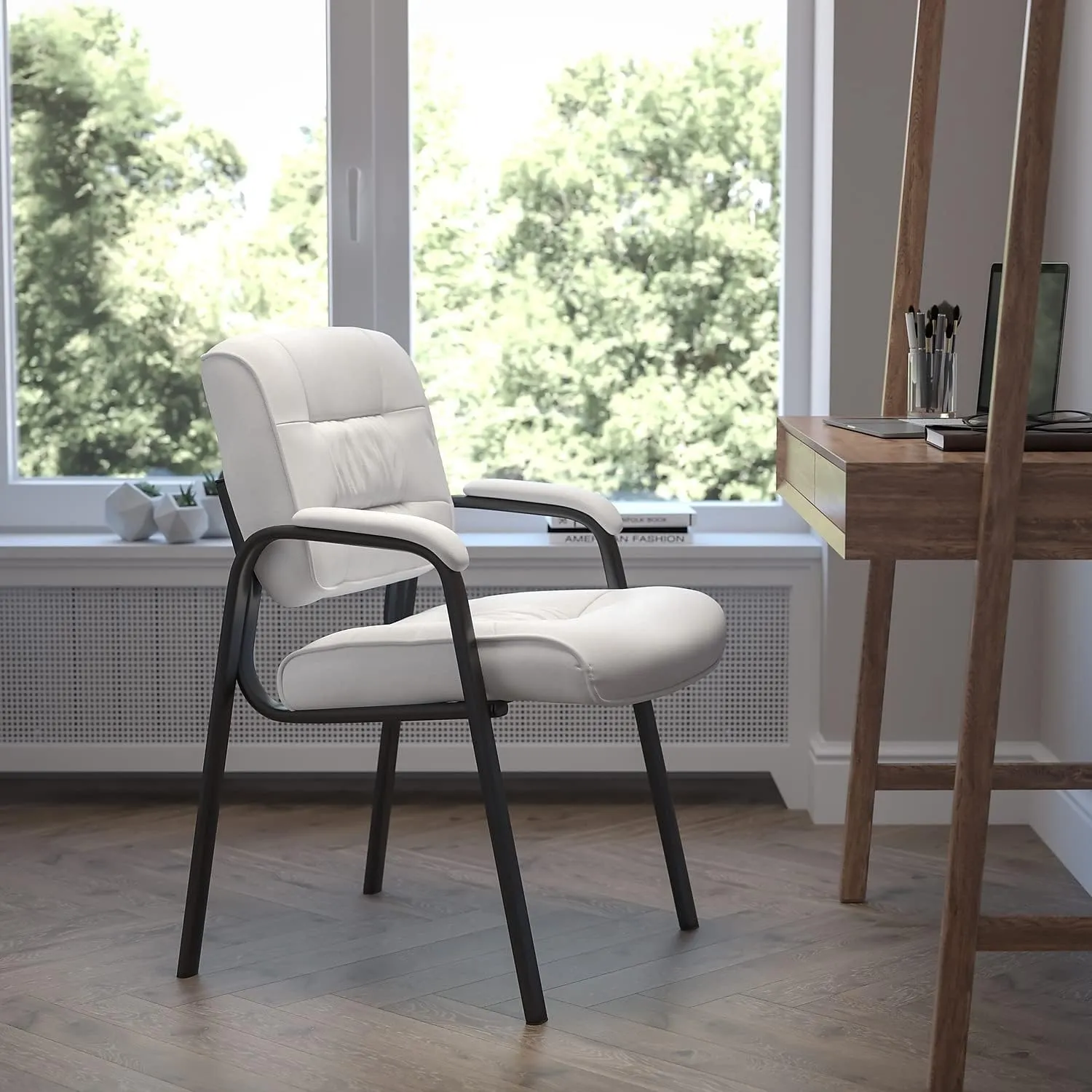 Flash Furniture Haeger White LeatherSoft Executive Side Reception Chair with Black Metal Frame