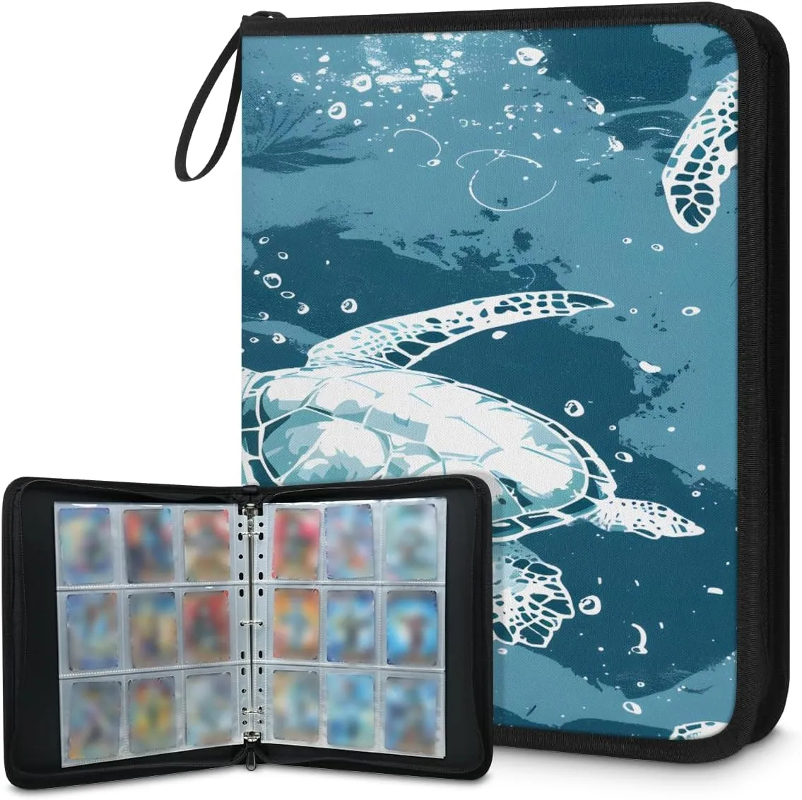Floating Turtle 3 Ring Trading Zipper Binder Strap, Trading Card Binder 9 Pocket, 900 Pockets Card Holder with 50 Removable Sleeves for Game Cards