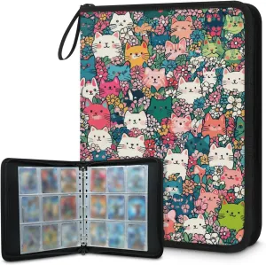 Floral Cats Trading Card Binder 9 Pocket 900 Cards Holder Collector Album with 50 Removable Sleeves Toys Gifts for Boys Girls Colorful Meow Flowers Game Sports Cards