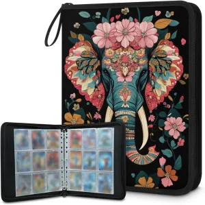 Floral Elephant Trading Card Binder 9 Pocket 900 Cards Holder Collector Album with 50 Removable Sleeves Toys Gifts for Boys Girls Colorful Leaves Flowers Game Sports Cards
