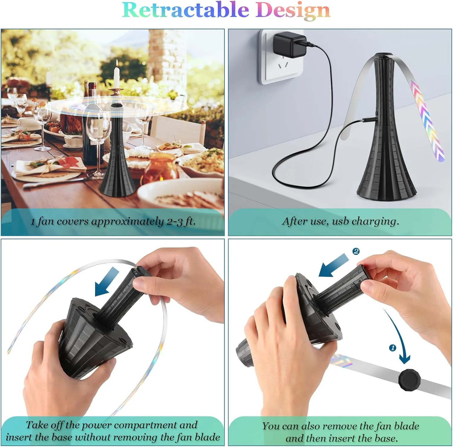 Fly Fans for Tables Rechargeable, Flies Fan to Keep Flies Away by Soft Blades, Food Fans for Camping, Picnic, Fishing, 4PCS, Black，Party Essentials Picnic Accessories for Outside