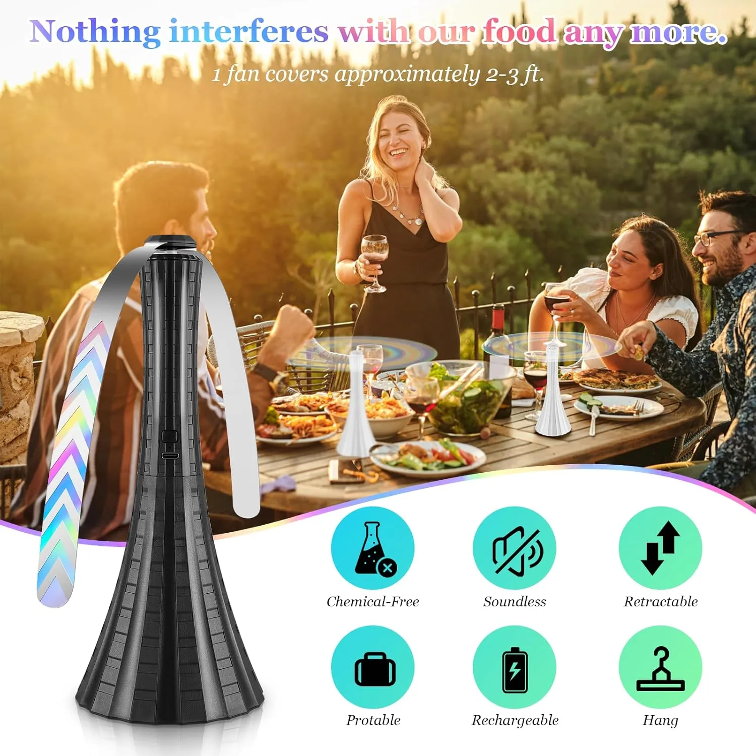 Fly Fans for Tables Rechargeable, Flies Fan to Keep Flies Away by Soft Blades, Food Fans for Camping, Picnic, Fishing, 4PCS, Black，Party Essentials Picnic Accessories for Outside