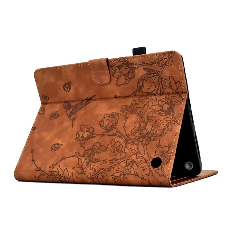 For Amazon Fire 7 (2022) Case Flower Bird Imprinted Card Holder Leather Tablet Cover