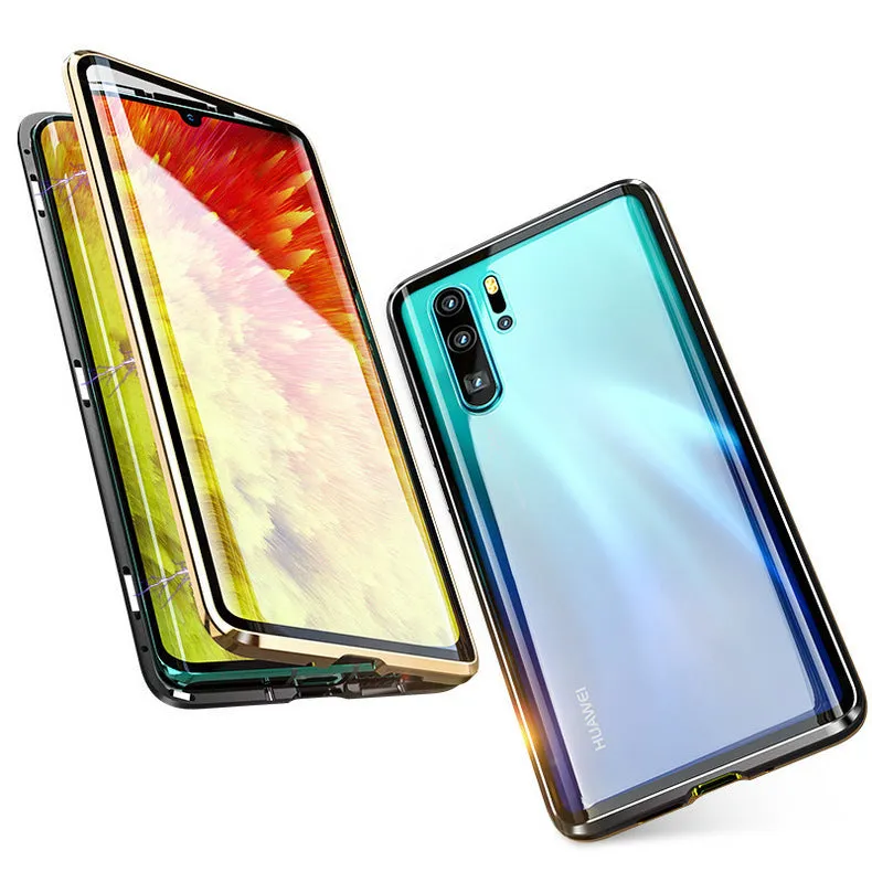 For Huawei P30 Pro/P30 Lite/P30 Front Back Glass Cover Luxury Aluminum Metal Magnet Adsorption Phone Case red_Huawei P30 lite