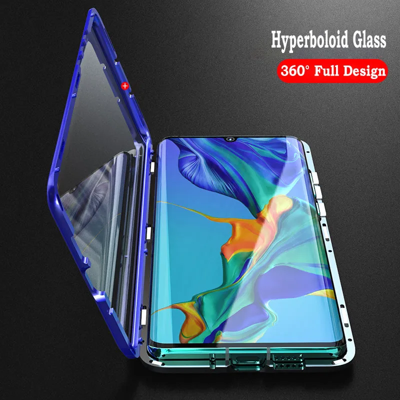 For Huawei P30 Pro/P30 Lite/P30 Front Back Glass Cover Luxury Aluminum Metal Magnet Adsorption Phone Case red_Huawei P30 lite