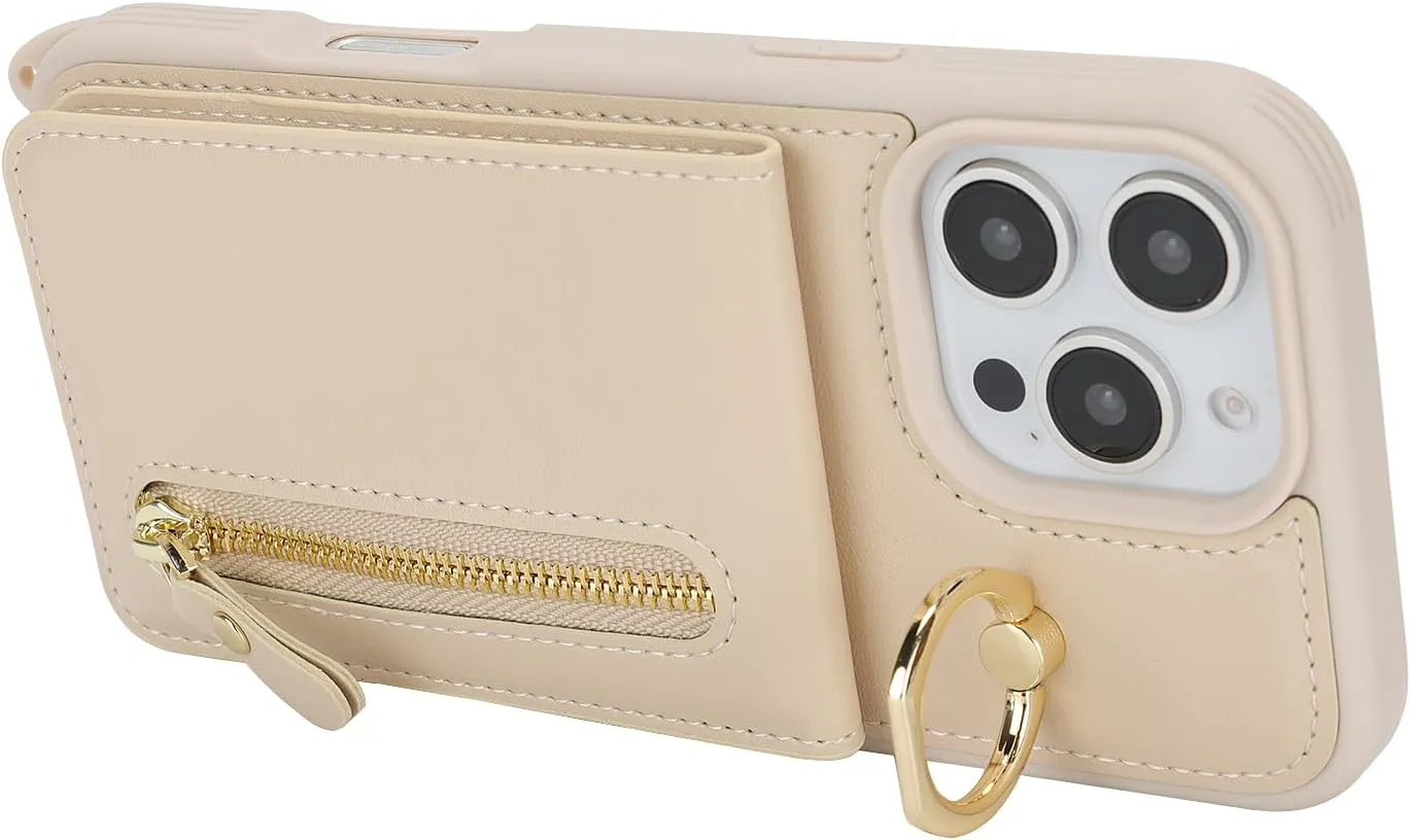 for iPhone 16 Pro Phone Case with Card Holder and Strap for Women, Crossbody Bag with Ring Stand Zipper Wallet Case for Apple16Pro Purse - Warm White