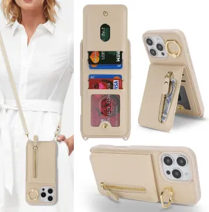 for iPhone 16 Pro Phone Case with Card Holder and Strap for Women, Crossbody Bag with Ring Stand Zipper Wallet Case for Apple16Pro Purse - Warm White