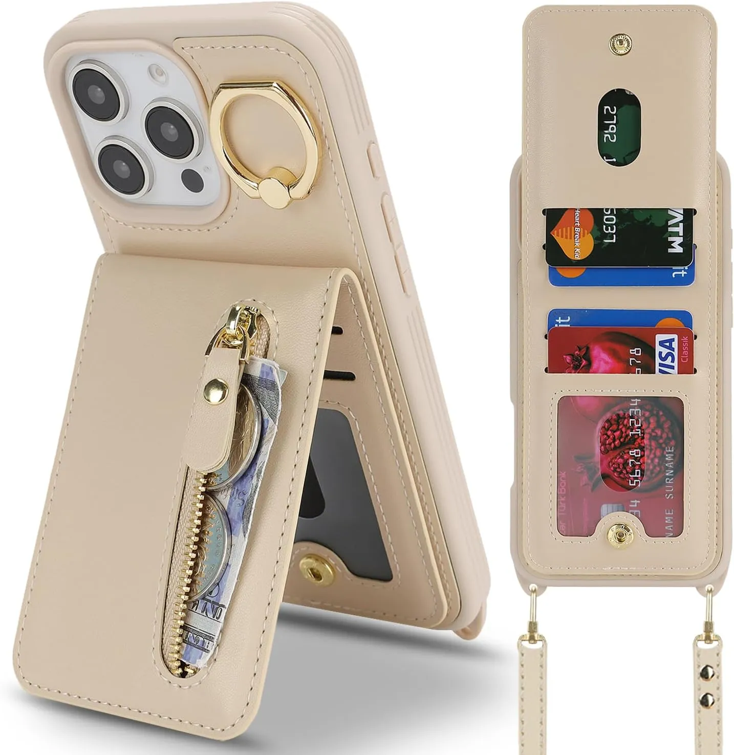for iPhone 16 Pro Phone Case with Card Holder and Strap for Women, Crossbody Bag with Ring Stand Zipper Wallet Case for Apple16Pro Purse - Warm White