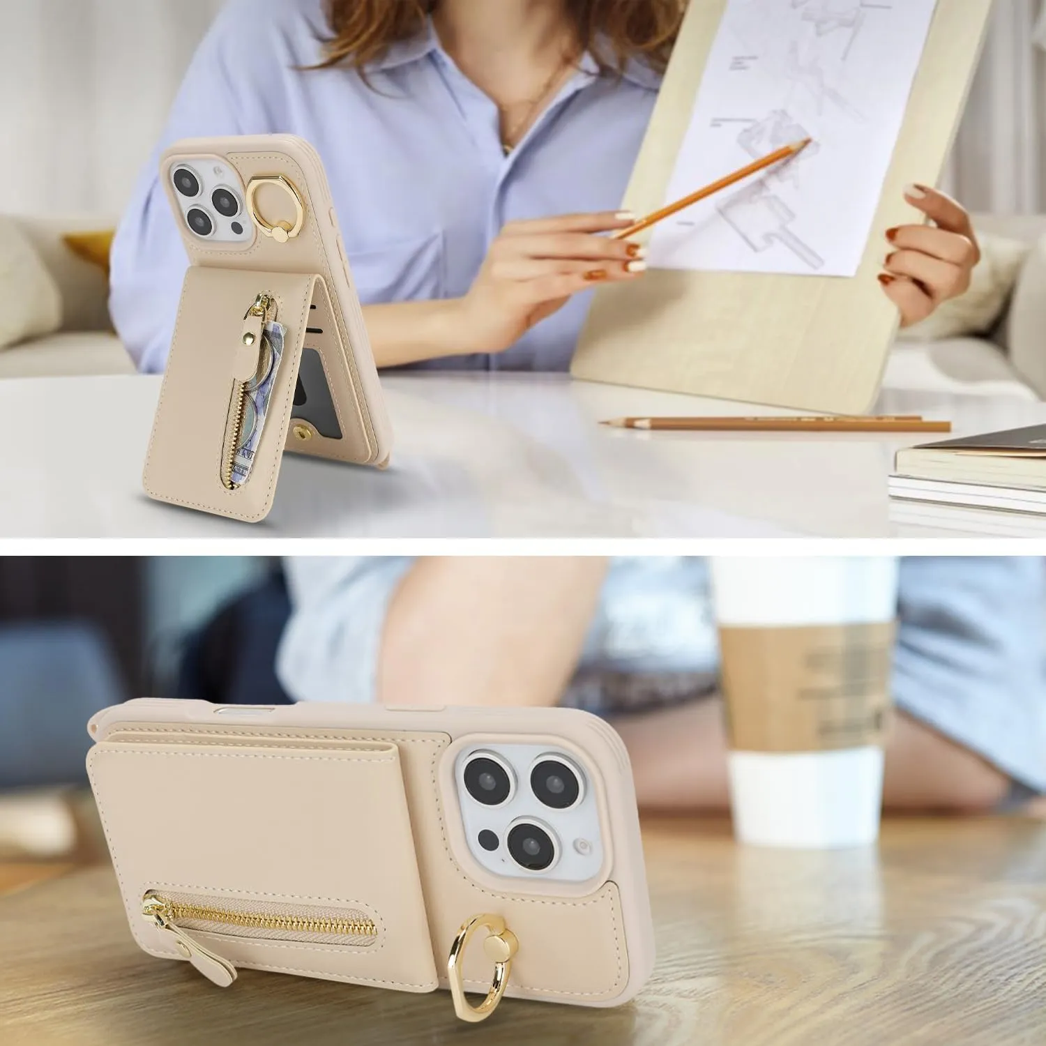 for iPhone 16 Pro Phone Case with Card Holder and Strap for Women, Crossbody Bag with Ring Stand Zipper Wallet Case for Apple16Pro Purse - Warm White