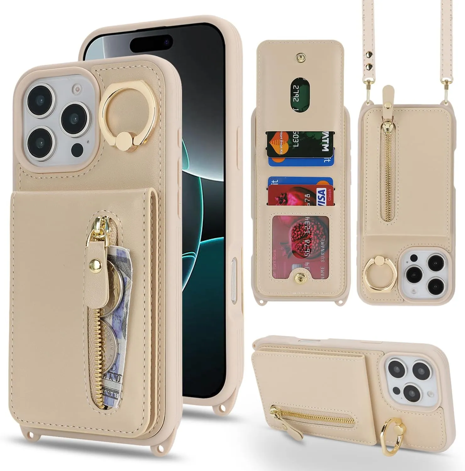 for iPhone 16 Pro Phone Case with Card Holder and Strap for Women, Crossbody Bag with Ring Stand Zipper Wallet Case for Apple16Pro Purse - Warm White