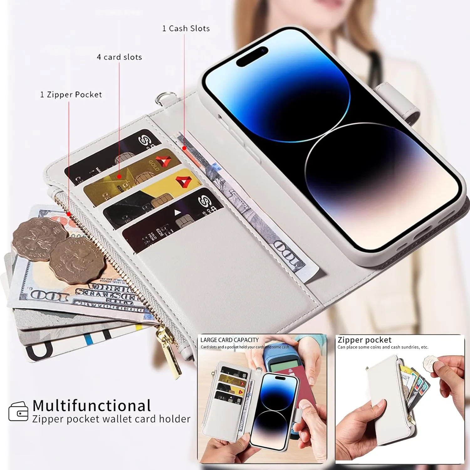 for iPhone 16 Pro(6.3 inches) Detachable Wallet Case with Crossbody.Multi-Function 2 in 1 Magnetic Wallet Case with Card Holder.Flip Strap Zipper Phone Case with Shoulder Straps