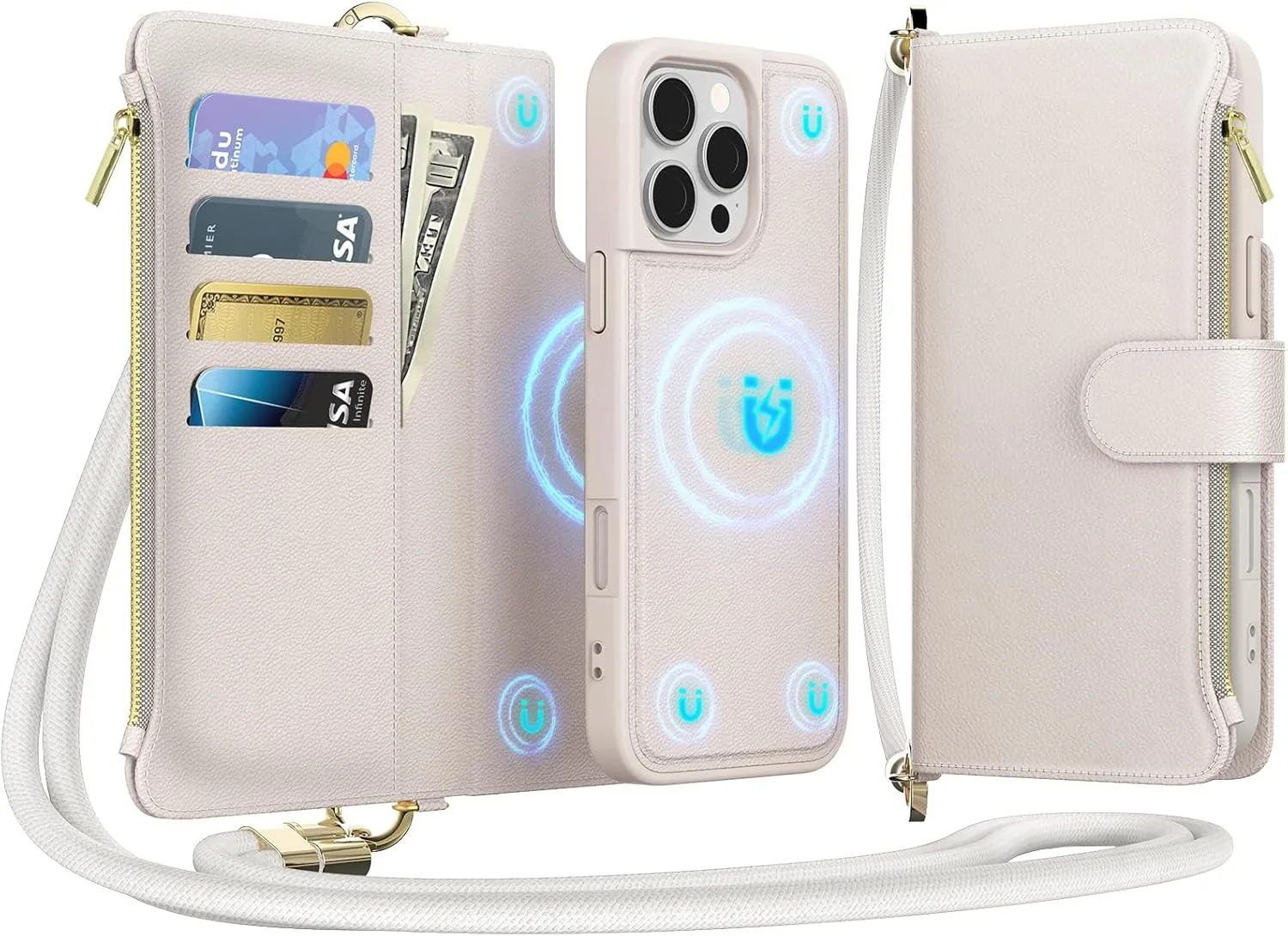 for iPhone 16 Pro(6.3 inches) Detachable Wallet Case with Crossbody.Multi-Function 2 in 1 Magnetic Wallet Case with Card Holder.Flip Strap Zipper Phone Case with Shoulder Straps