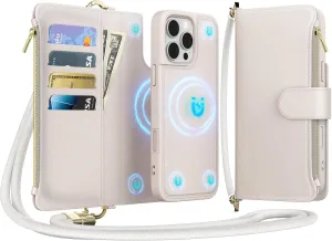 for iPhone 16 Pro(6.3 inches) Detachable Wallet Case with Crossbody.Multi-Function 2 in 1 Magnetic Wallet Case with Card Holder.Flip Strap Zipper Phone Case with Shoulder Straps