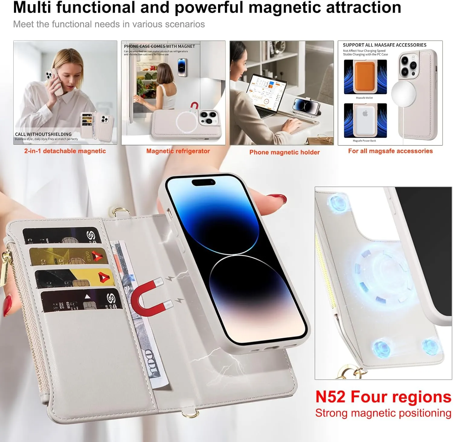 for iPhone 16 Pro(6.3 inches) Detachable Wallet Case with Crossbody.Multi-Function 2 in 1 Magnetic Wallet Case with Card Holder.Flip Strap Zipper Phone Case with Shoulder Straps