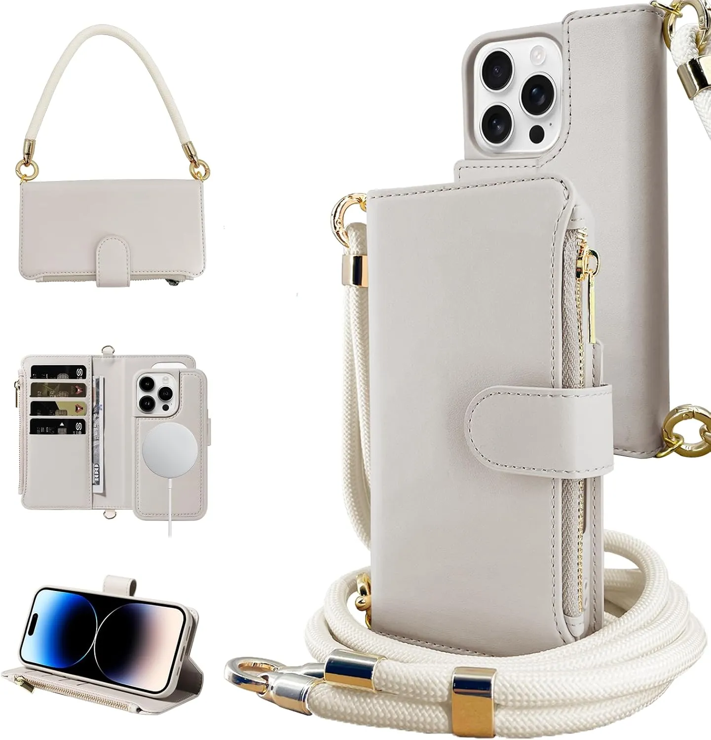 for iPhone 16 Pro(6.3 inches) Detachable Wallet Case with Crossbody.Multi-Function 2 in 1 Magnetic Wallet Case with Card Holder.Flip Strap Zipper Phone Case with Shoulder Straps