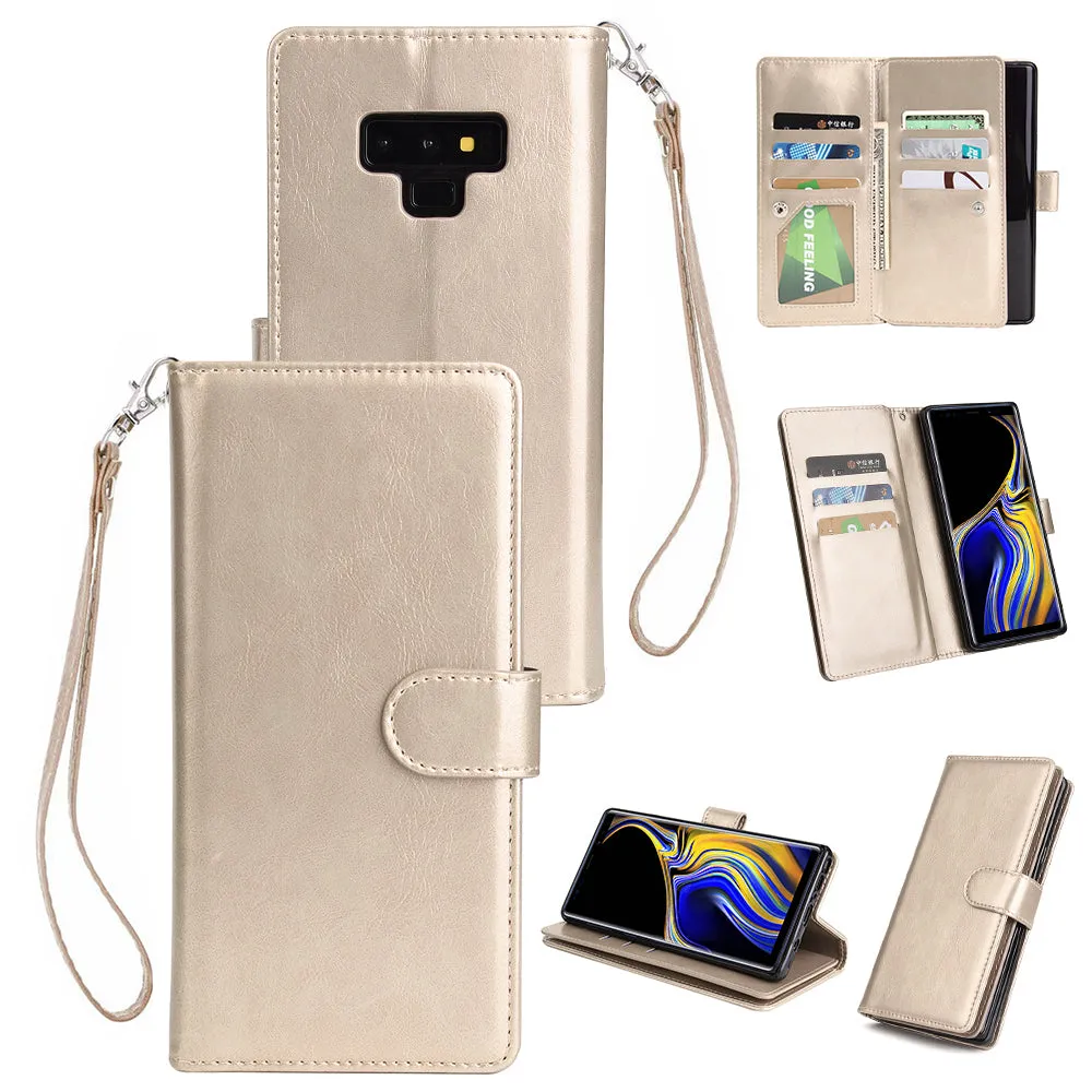 For Samsung Note 9 PU Full Protective Cover with 9 Card Slot Lanyard Bracket Buckle gold