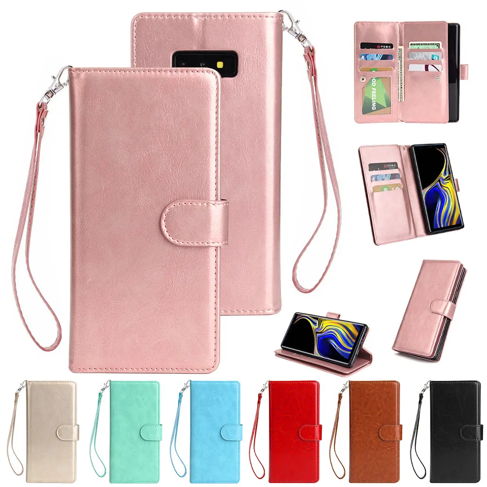 For Samsung Note 9 PU Full Protective Cover with 9 Card Slot Lanyard Bracket Buckle gold