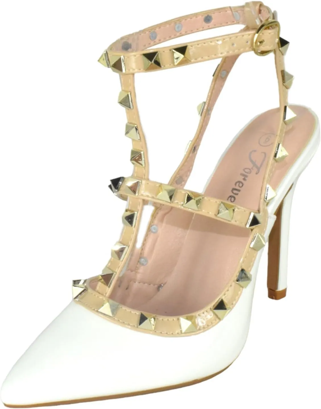 Forever Shoes Women Stiletto High Heels Pointy Toe Studded Pumps Ankle Strap Two Tone Biege Gold Accent STUDS-03