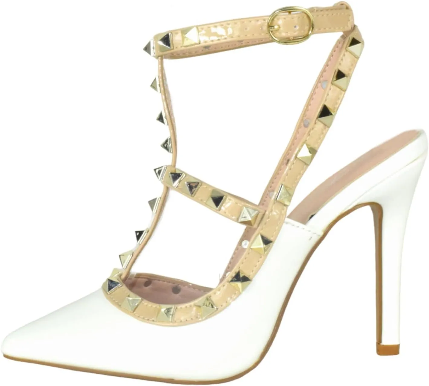 Forever Shoes Women Stiletto High Heels Pointy Toe Studded Pumps Ankle Strap Two Tone Biege Gold Accent STUDS-03