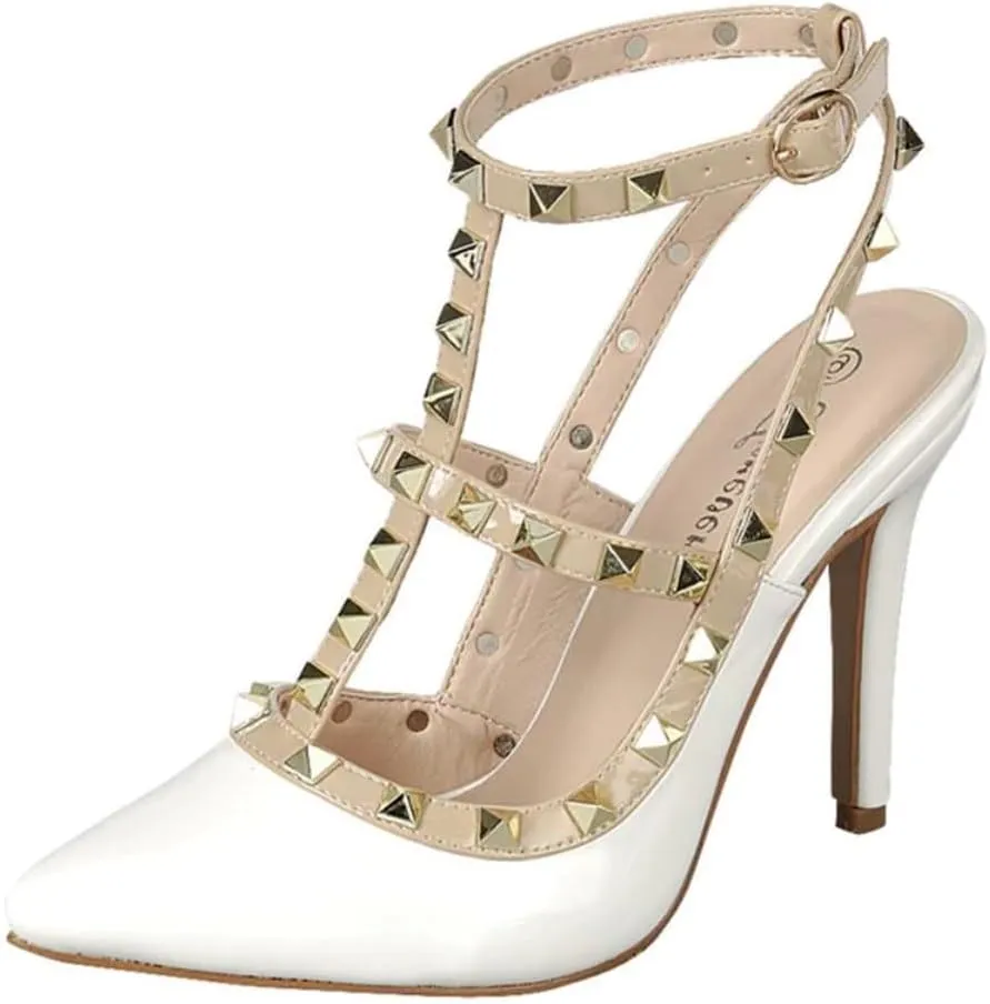 Forever Shoes Women Stiletto High Heels Pointy Toe Studded Pumps Ankle Strap Two Tone Biege Gold Accent STUDS-03