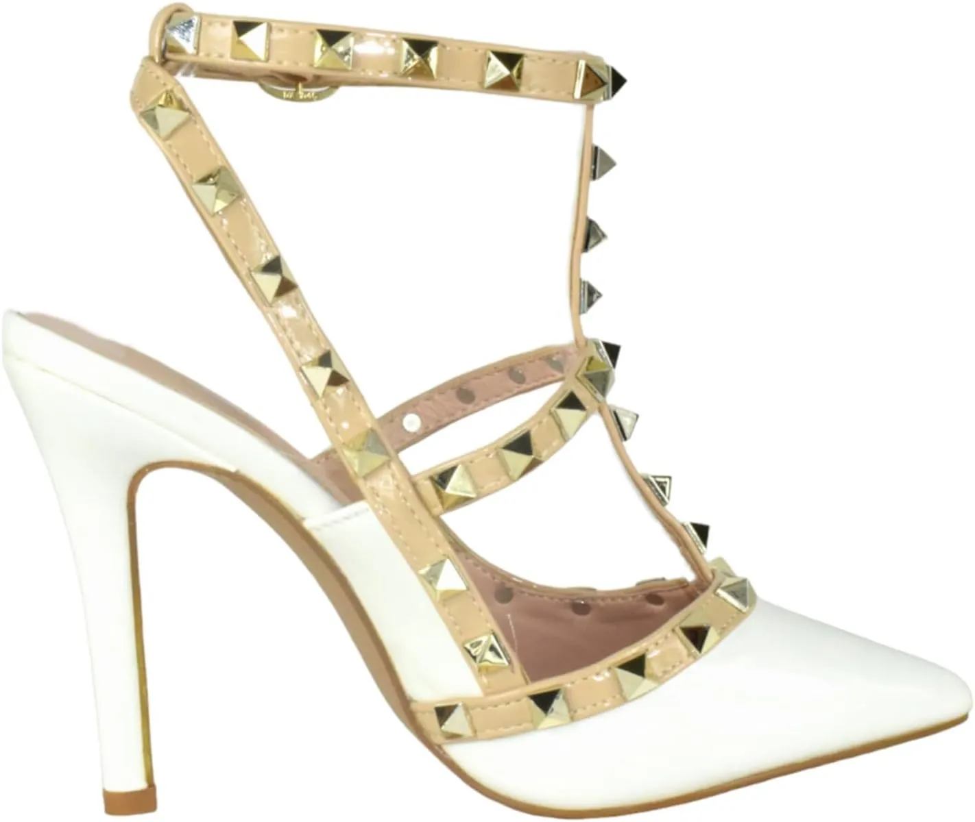 Forever Shoes Women Stiletto High Heels Pointy Toe Studded Pumps Ankle Strap Two Tone Biege Gold Accent STUDS-03