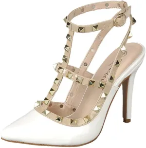 Forever Shoes Women Stiletto High Heels Pointy Toe Studded Pumps Ankle Strap Two Tone Biege Gold Accent STUDS-03