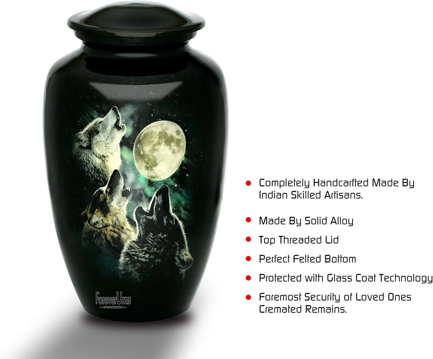 Forever URNS Adult Cremation Funeral Customized Urn with Printed Classic 3 Wolves Picture for Human Ashes of Female & Male | 320 cu in | Extra Large | Black | Handcrafted with Velvet Protection Bag