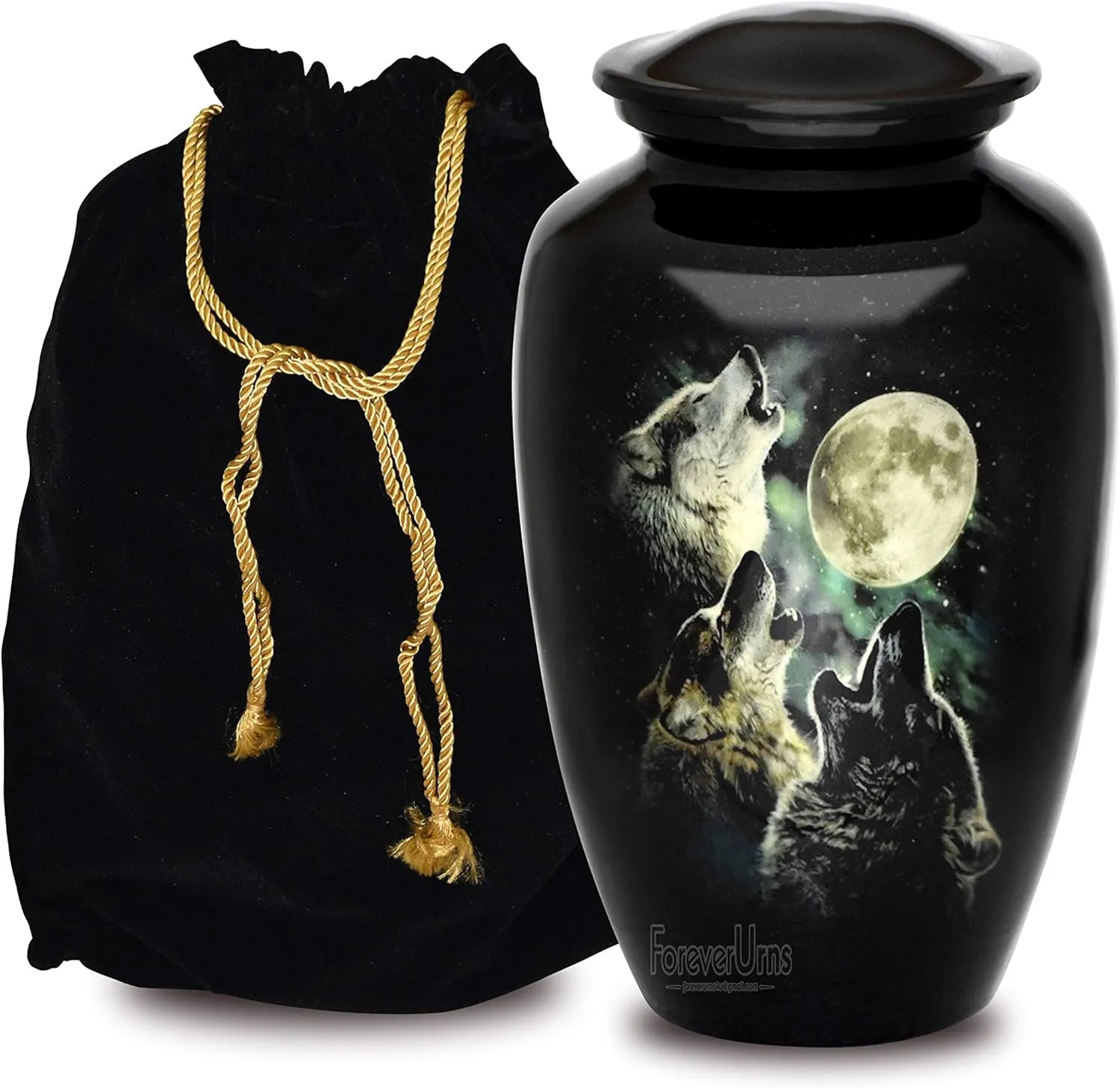 Forever URNS Adult Cremation Funeral Customized Urn with Printed Classic 3 Wolves Picture for Human Ashes of Female & Male | 320 cu in | Extra Large | Black | Handcrafted with Velvet Protection Bag