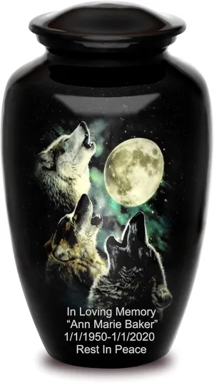 Forever URNS Adult Cremation Funeral Customized Urn with Printed Classic 3 Wolves Picture for Human Ashes of Female & Male | 320 cu in | Extra Large | Black | Handcrafted with Velvet Protection Bag
