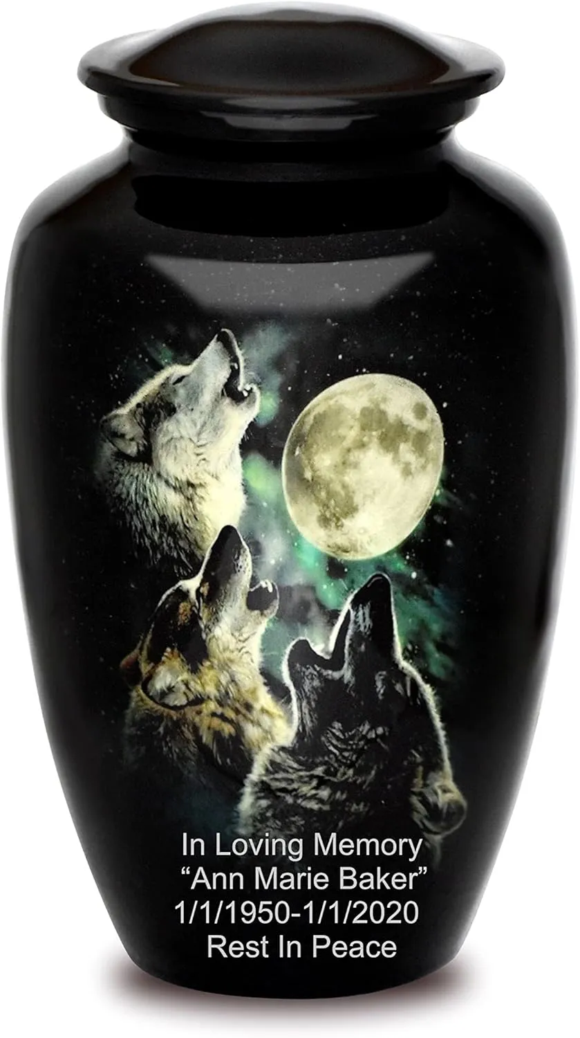 Forever URNS Adult Cremation Funeral Customized Urn with Printed Classic 3 Wolves Picture for Human Ashes of Female & Male | 320 cu in | Extra Large | Black | Handcrafted with Velvet Protection Bag