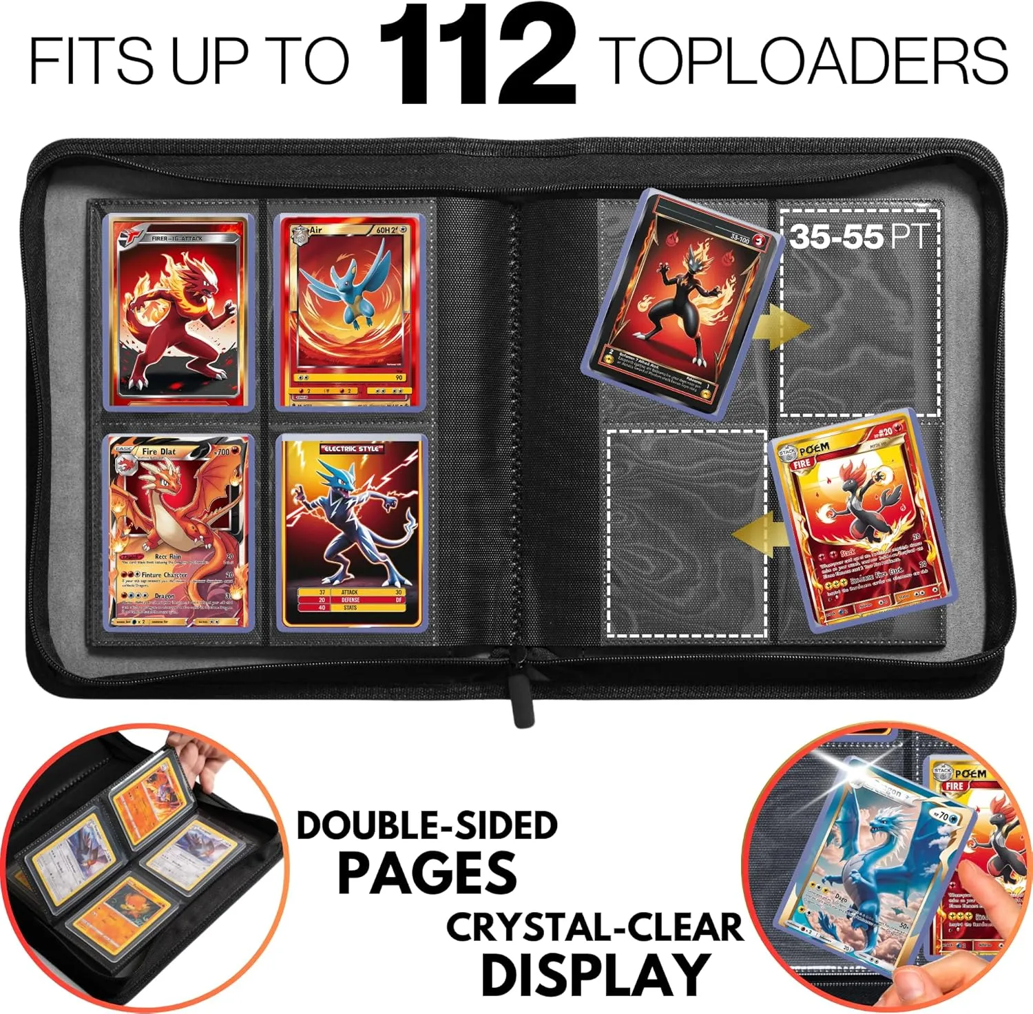 FORZAROCKET 4-Pocket Toploader Binder – Holds 112 Cards | Side-Loading, Ringless, Double-Sided Pages for 3x4" Top Loaders | TCG Card Storage Album with Card Display Window & Wristband (Red & White)
