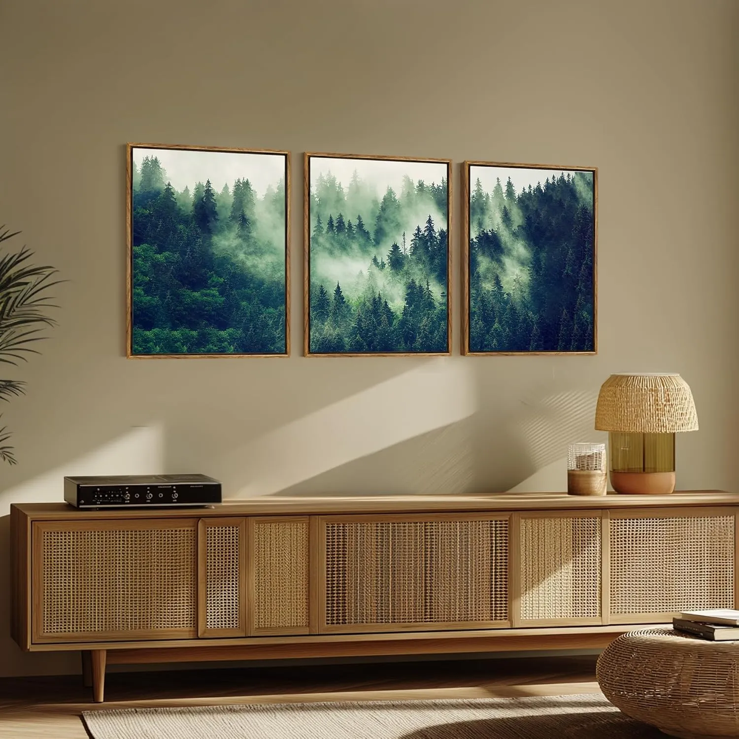 Frame Canvas Printed Wall Art Mist Forest Valley Natural Landscape Green Pine Forest Wall Decoration Forest Nursery Wall Painting Artwork Living Room Bedroom Office 12"x16" inches 3 pieces