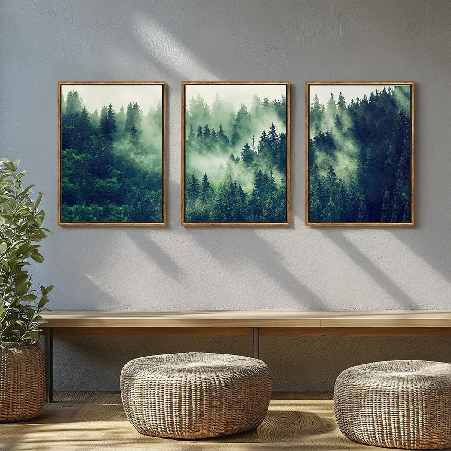 Frame Canvas Printed Wall Art Mist Forest Valley Natural Landscape Green Pine Forest Wall Decoration Forest Nursery Wall Painting Artwork Living Room Bedroom Office 12"x16" inches 3 pieces