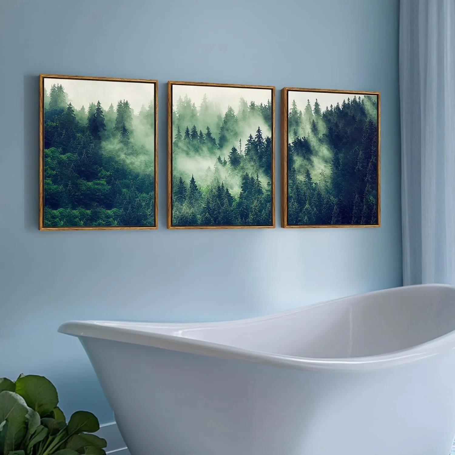 Frame Canvas Printed Wall Art Mist Forest Valley Natural Landscape Green Pine Forest Wall Decoration Forest Nursery Wall Painting Artwork Living Room Bedroom Office 12"x16" inches 3 pieces