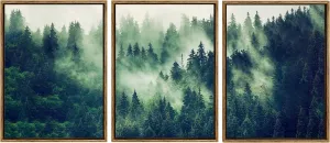 Frame Canvas Printed Wall Art Mist Forest Valley Natural Landscape Green Pine Forest Wall Decoration Forest Nursery Wall Painting Artwork Living Room Bedroom Office 12"x16" inches 3 pieces