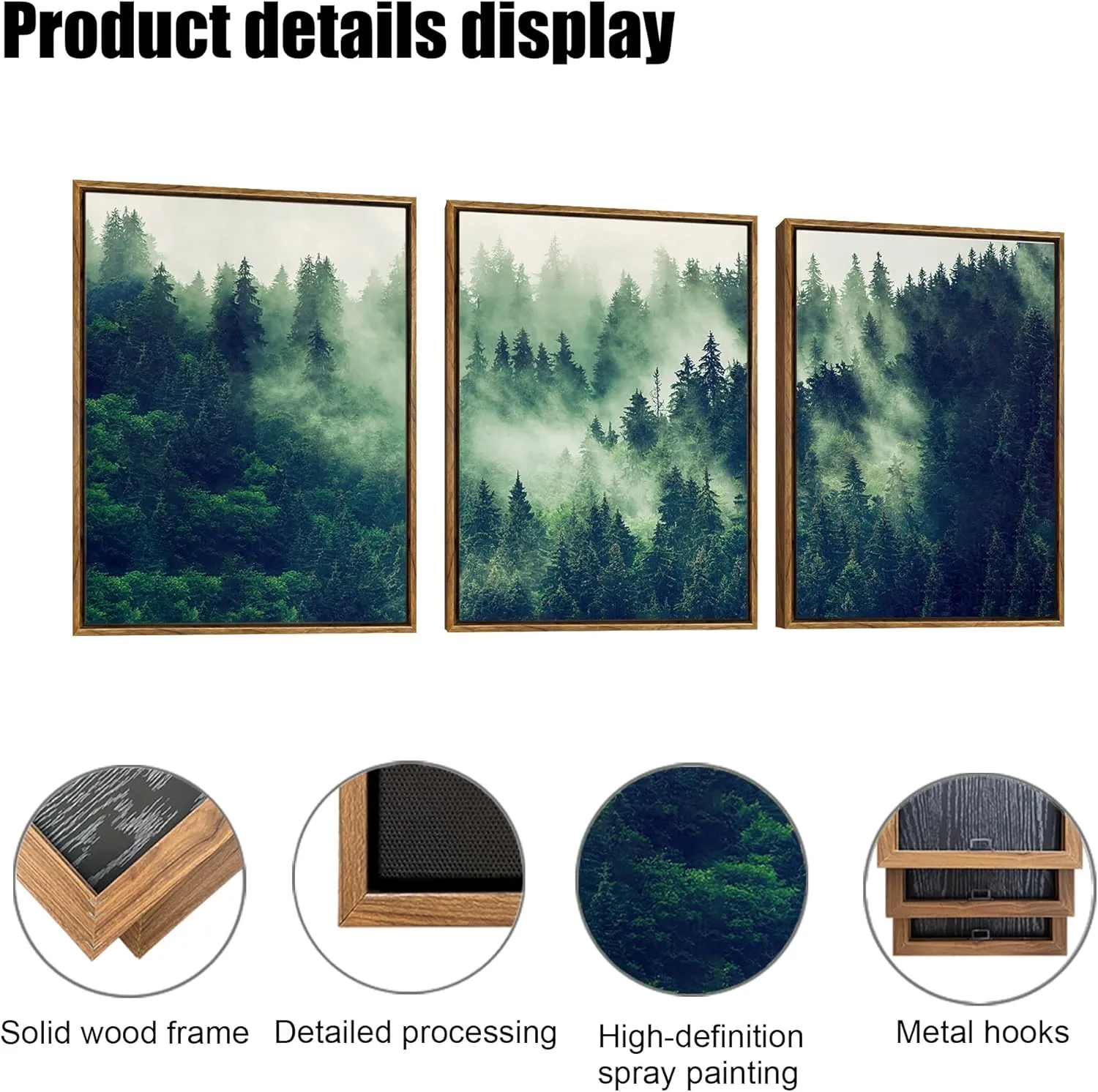 Frame Canvas Printed Wall Art Mist Forest Valley Natural Landscape Green Pine Forest Wall Decoration Forest Nursery Wall Painting Artwork Living Room Bedroom Office 12"x16" inches 3 pieces