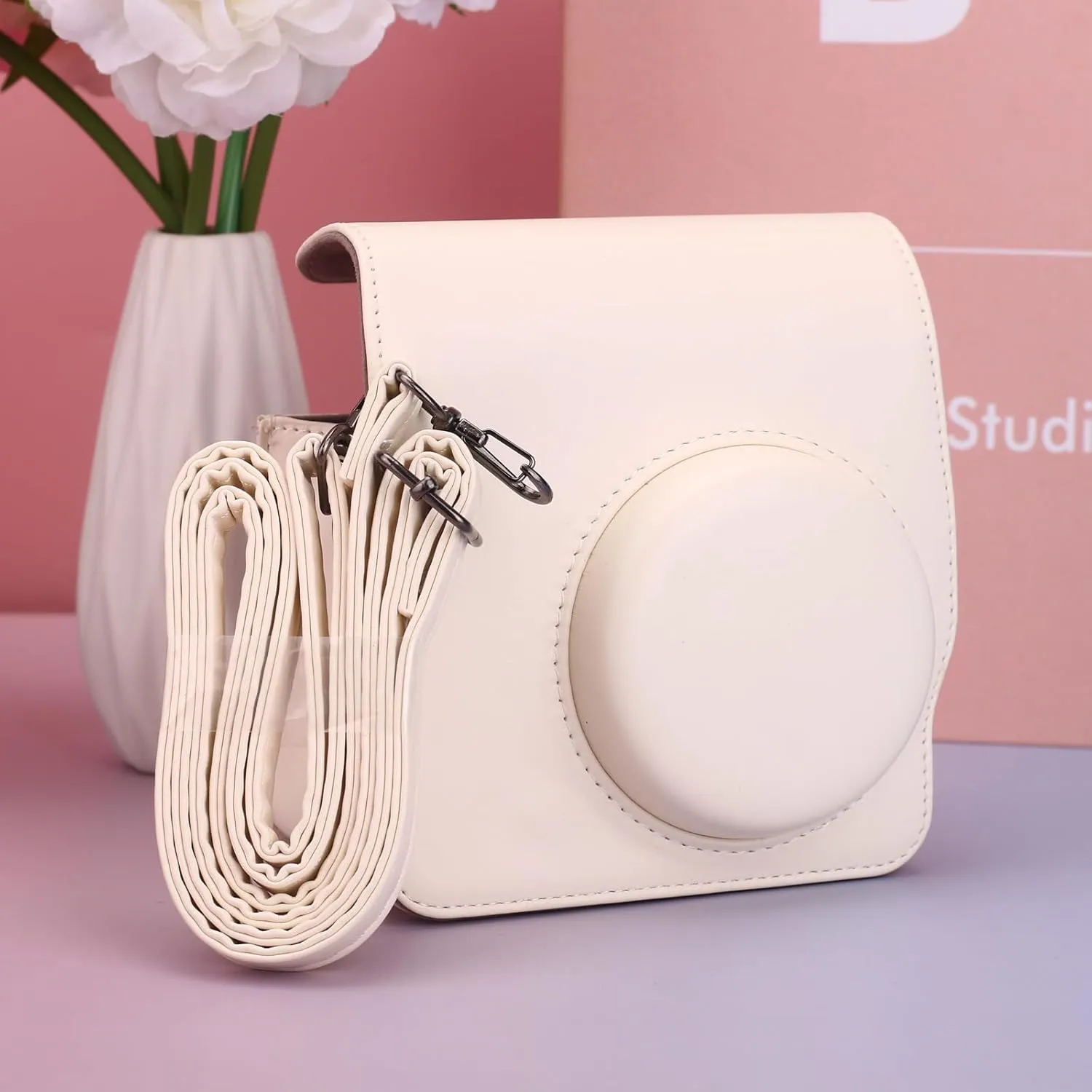 Frankmate Protective Case for Fujifilm Instax Mini SE/7 /7s/7c, PU Leather Camera Case with Adjustable Shoulder Straps (Off-white)