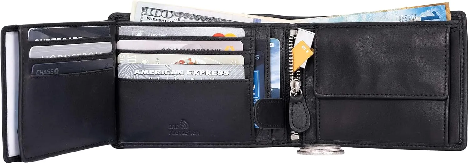 Full Size Large Mens Leather Bifold Wallet Flip ID Zip and Coin Compartment with RFID Protection Anti Theft