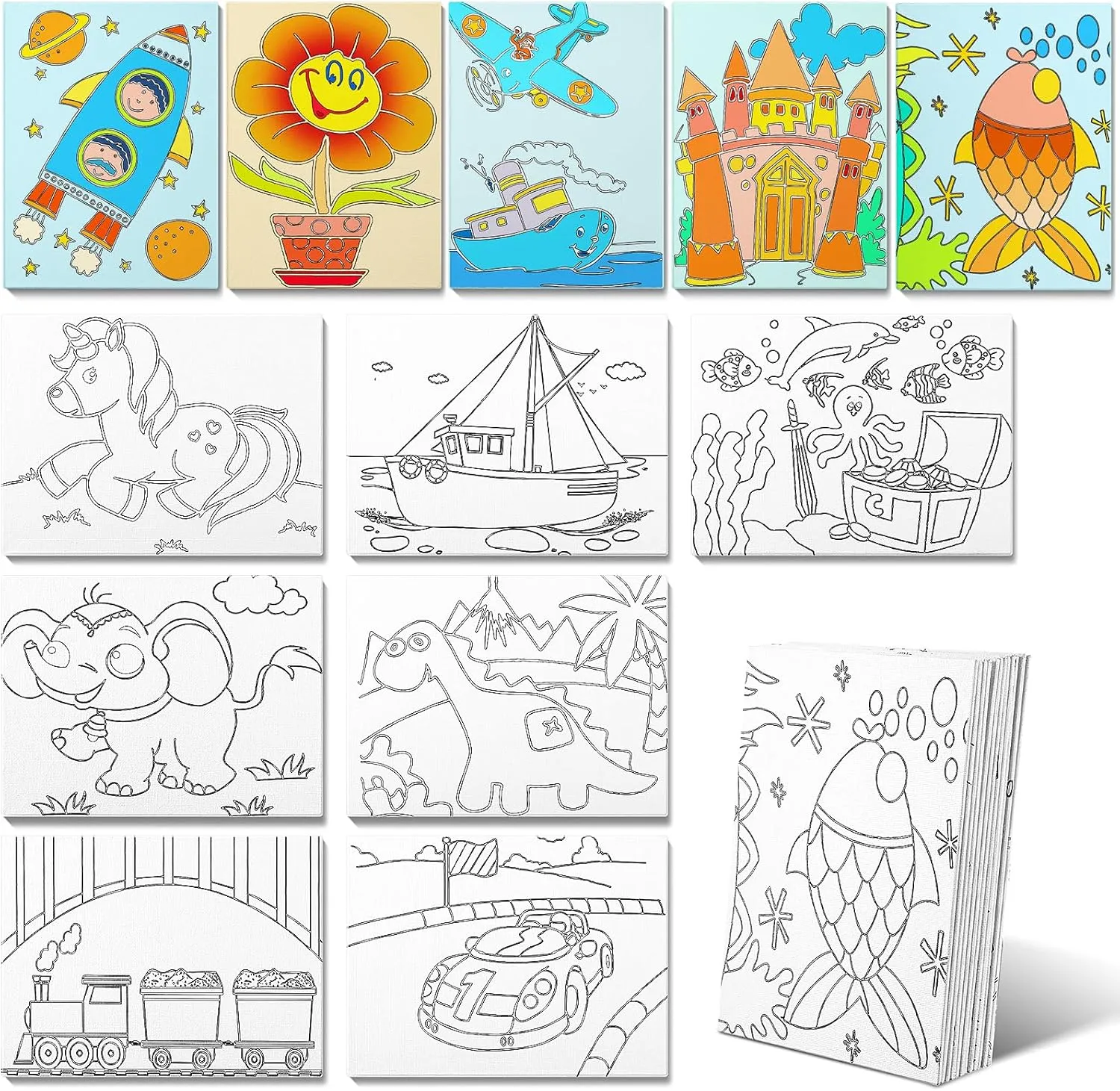 Fulmoon 24 Pcs Pre Drawn Canvas for Painting for Kids Adults Preprinted Bulk 7.8 x 5.8 Inch Pre-Stenciled Painting Canvas Panels for DIY School Gift Classroom Party Favor Activities, 12 Style
