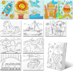 Fulmoon 24 Pcs Pre Drawn Canvas for Painting for Kids Adults Preprinted Bulk 7.8 x 5.8 Inch Pre-Stenciled Painting Canvas Panels for DIY School Gift Classroom Party Favor Activities, 12 Style