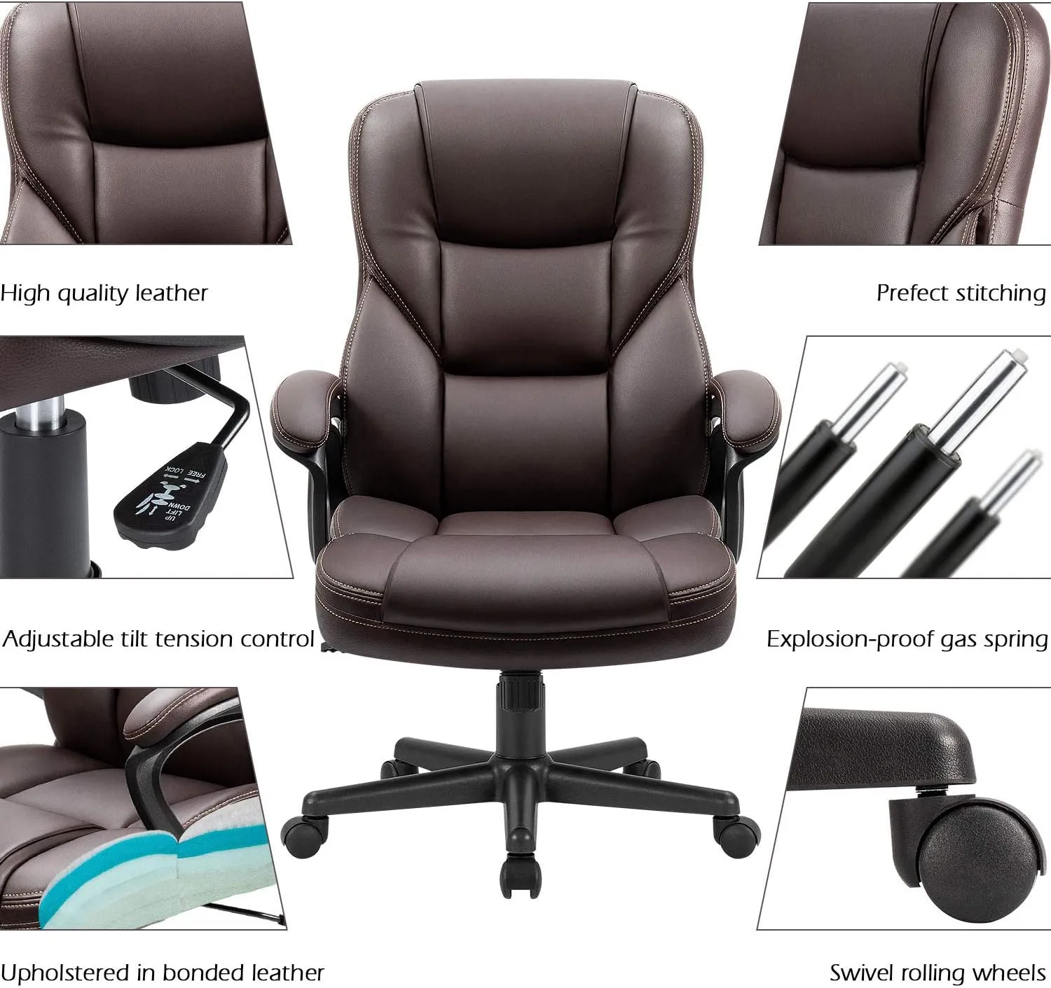 Furmax Office Executive Chair High Back Adjustable Managerial Home Desk Chair, Swivel Computer PU Leather Chair with Lumbar Support (Brown)