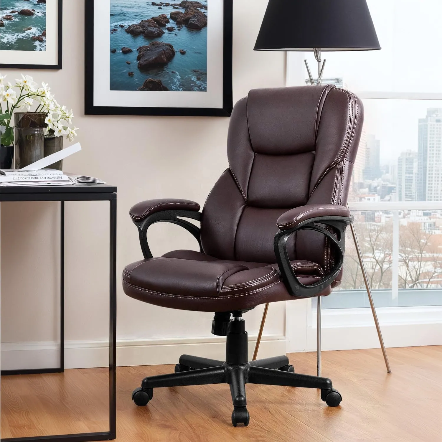 Furmax Office Executive Chair High Back Adjustable Managerial Home Desk Chair, Swivel Computer PU Leather Chair with Lumbar Support (Brown)