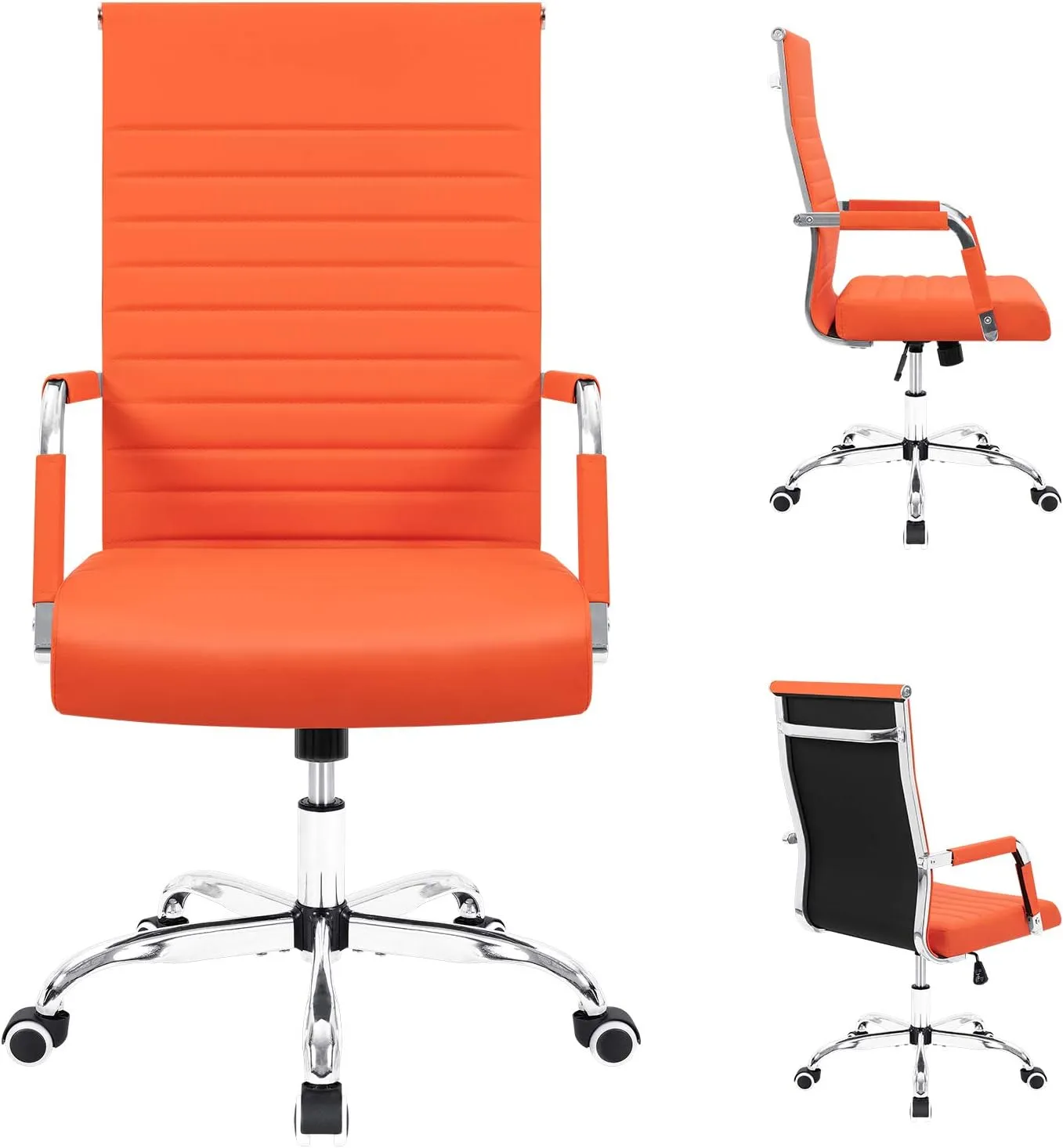 Furmax Ribbed Office Desk Chair Mid-Back Leather Executive Conference Task Chair Adjustable Swivel Chair with Arms (Orange)