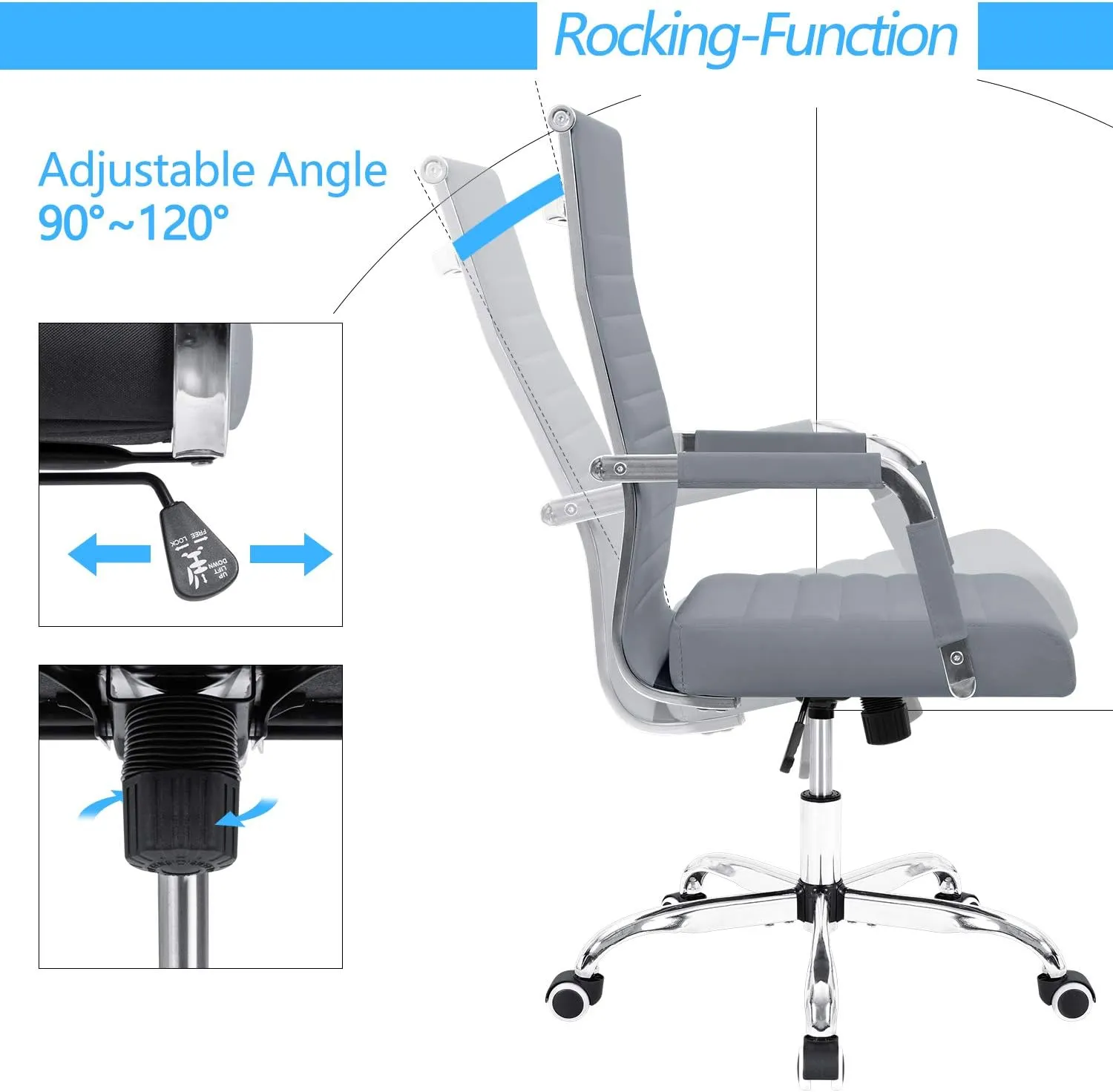 Furmax Ribbed Office Desk Chair Mid-Back PU Leather Executive Conference Task Chair Adjustable Swivel Chair with Arms (Grey)