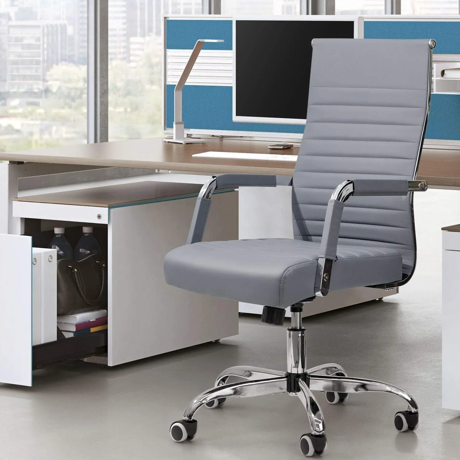 Furmax Ribbed Office Desk Chair Mid-Back PU Leather Executive Conference Task Chair Adjustable Swivel Chair with Arms (Grey)