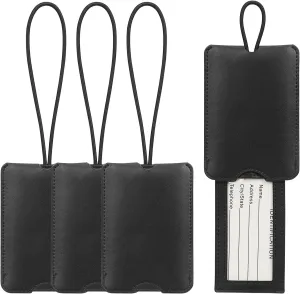 FYY Luggage Tag - 4 Pack PU Leather Luggage Tags for Suitcases with Name ID Card Travel Tags Labels with Privacy Cover for Baggage Handbag School Bag Suitcase Black